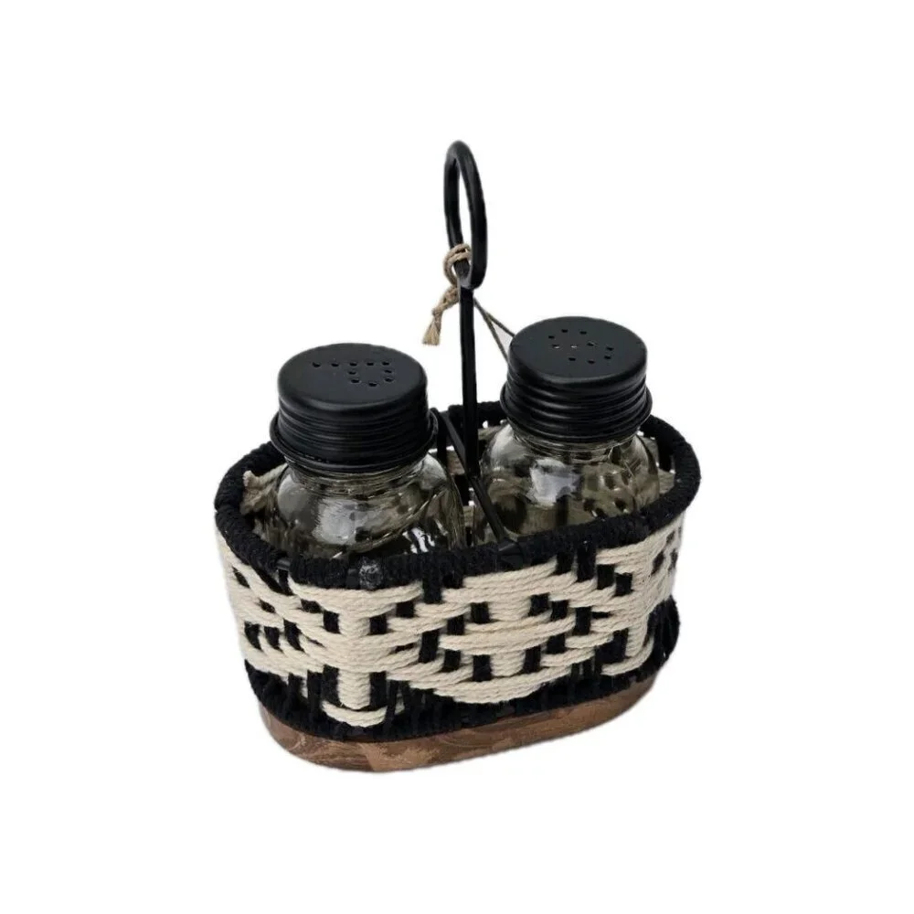 New Black & White Woven Boho Salt And Pepper Shaker & Carrier W/ Wood Bottom